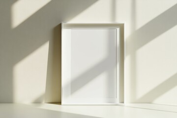 A minimalist photograph of a white picture frame leaning against a wall, with dramatic shadows cast by natural light through window panes