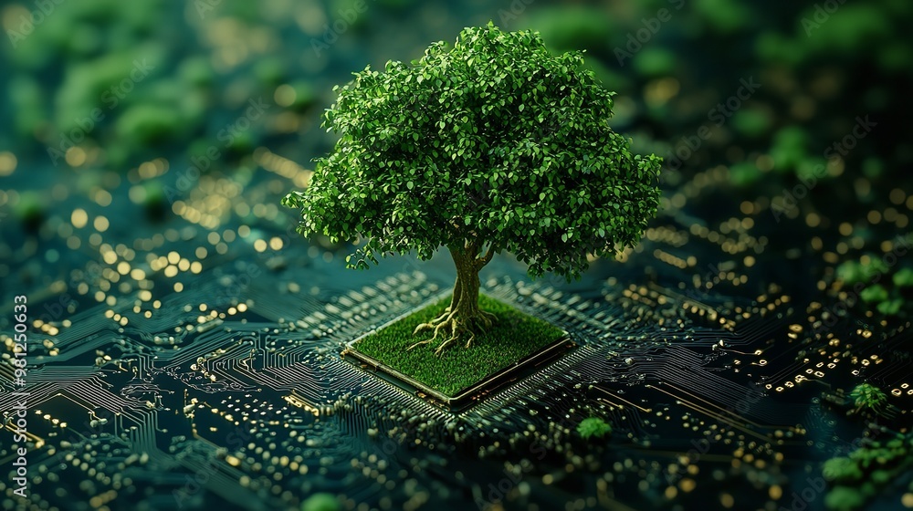 Poster a tree standing tall on top of a circuit board. perfect for illustrating the connection between natu