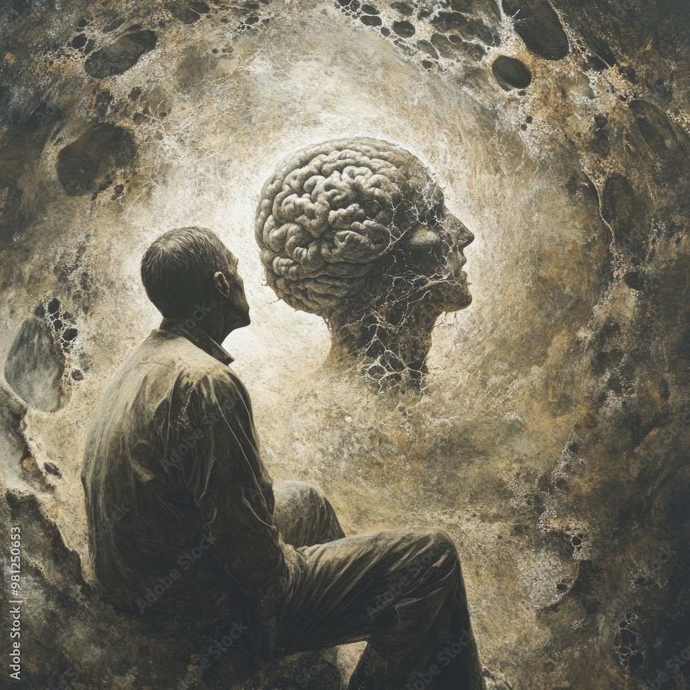 Poster A man sits contemplating a large, brain-shaped head in a moon-like landscape.