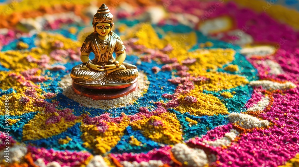 Poster colorful rangoli patterns with a small statue of a deity.