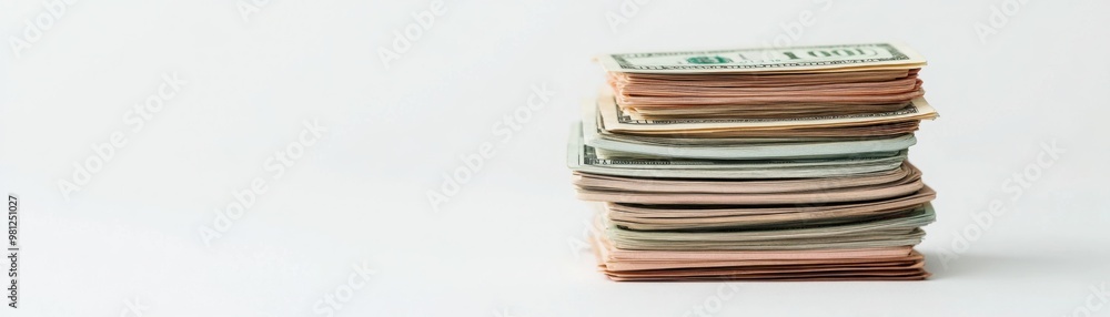 Poster a stack of assorted banknotes neatly arranged, showcasing various denominations against a plain back