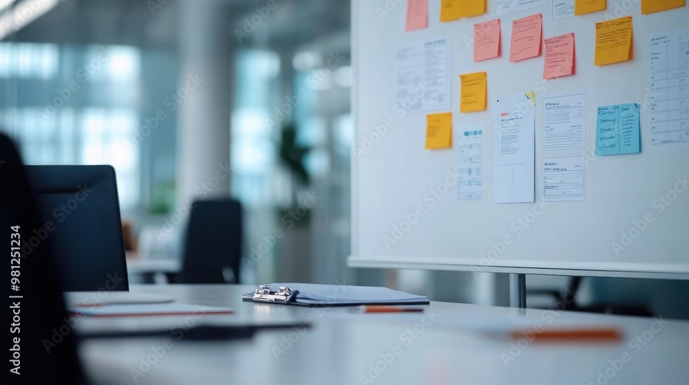 Poster a modern office workspace featuring a desk with notes and documents, highlighting collaboration and 