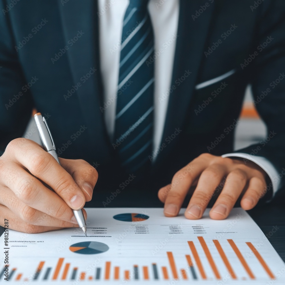 Poster a businessman reviews financial data on a report while taking notes with a pen, showcasing analytica
