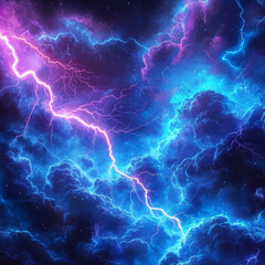 una tormenta el&eacute;ctrica de fondo con destacados en ne&oacute;n azul y p&uacute;rpura intensos.
