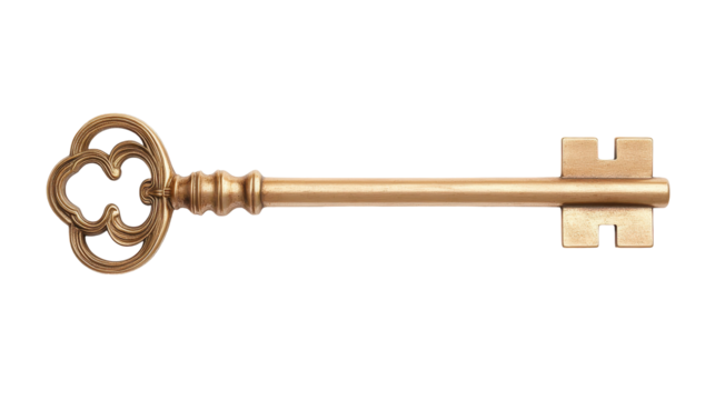 A gold key with a flower design on it