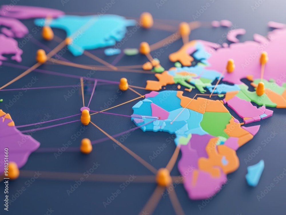 Poster a colorful world map with network connections represented by dots, showcasing various regions and th