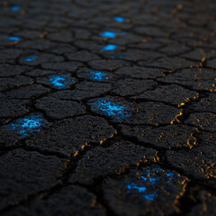 un fondo de asfalto con marcas de neumáticos en azul neón.
