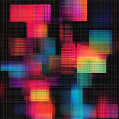 un patr&oacute;n pixelado en tonos ne&oacute;n brillantes, sobre una rejilla negra.
