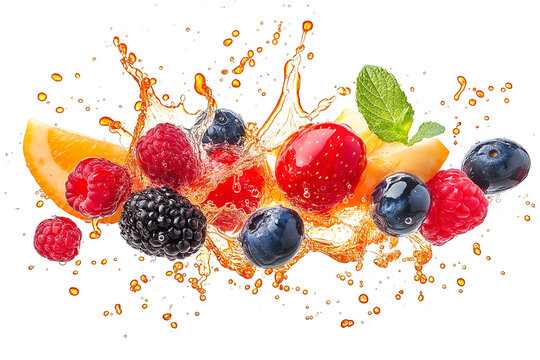 A vibrant mix of fresh berries and fruits splashing through juice, creating a dynamic and refreshing scene isolated on transparent background
