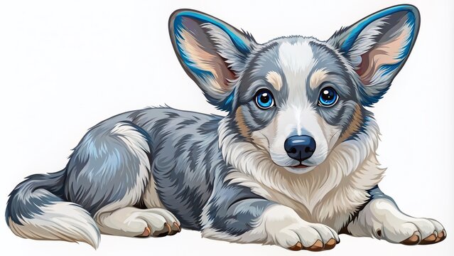 Adorable blue merle Cardigan Welsh Corgi with piercing blue eyes relaxes on the floor, showcasing its unique coat pattern and endearing puppy features in a detailed vector illustration.