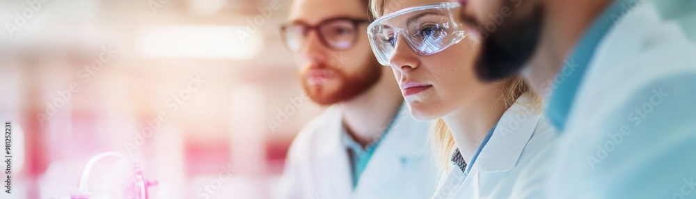 Poster a focused team of scientists in lab coats working diligently in a laboratory setting, highlighting r