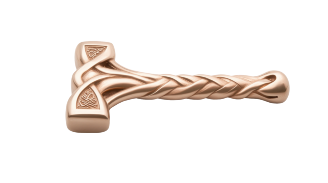 A gold colored hammer with a handle made of braided gold