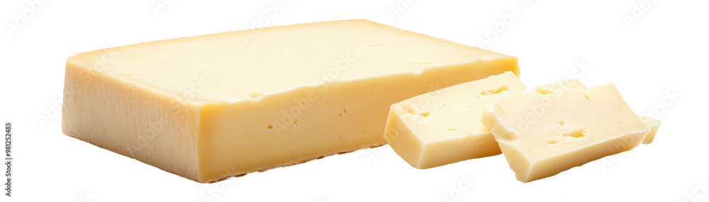 Poster a slice of cheese is cut from a block of cheese on white background or transparent