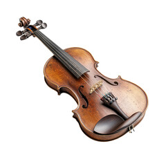 Fototapeta premium A brown violin with a black bow rests on a white background