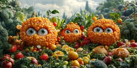 The whimsical cityscape where colorful fruits with faces create playful and enchanting adventures daily