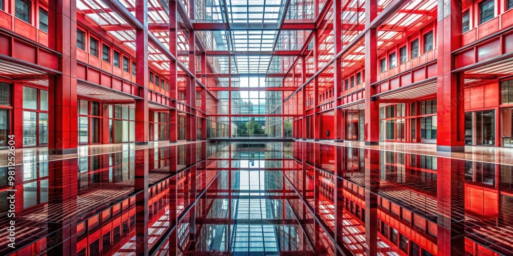 Poster contemporary red and glass atrium with reflective surfaces creating a symmetrical, futuristic ambian
