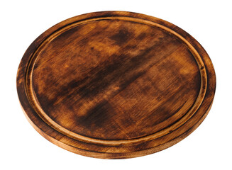Wooden tray for hot and cold dishes. Kitchen utensils. Isolated object on transparent background