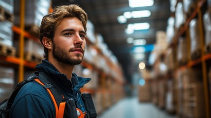 A worker in a high-tech warehouse equipped with exoskeletons for efficient lifting and transport