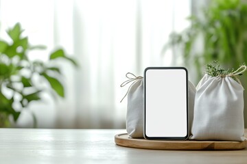 Fototapeta premium A smartphone with a blank screen placed between two linen pouches filled with fresh herbs, set on a round wooden tray against a blurred green background, creating a blend of technology and nature