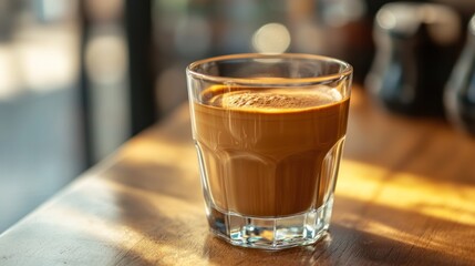 Glass of hot flat white with a velvety texture and strong espresso flavor.
