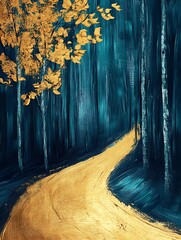 Golden Pathway Through Dark Forest Art