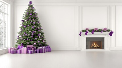 The elegant living room is alive with holiday spirit, featuring a beautifully decorated Christmas tree with purple and pink ornaments, surrounded by colorful presents