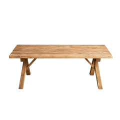 A rustic wooden table with a simple design, featuring a natural finish and sturdy legs, set against a black background.