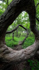 Obraz premium A forest clearing framed by the intricate shapes of twisted tree limbs and green foliage, creating a serene, natural composition of earth and life.