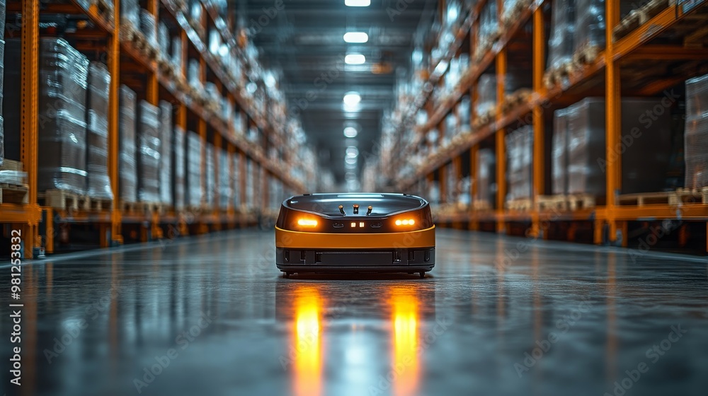 Poster autonomous robot performing predictive maintenance in a large warehouse during daytime operations