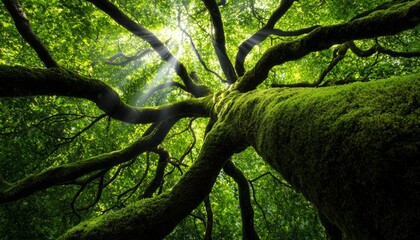 Obraz premium A forest floor carpeted with moss, with twisted branches overhead and sunlight streaming through the thick canopy of leaves, creating a calming vibe.