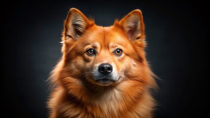 Fototapeta premium Adorable Finnish Spitz dog with fluffy orange-red fur and bright eyes poses for a close-up profile portrait against a sleek black background.