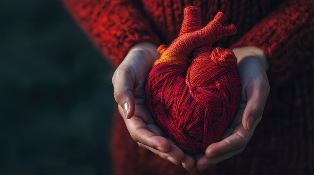 "Genera una imagen conceptual que muestre a una persona envolviendo un corazon humano. La imagen debe presentar un par de manos 