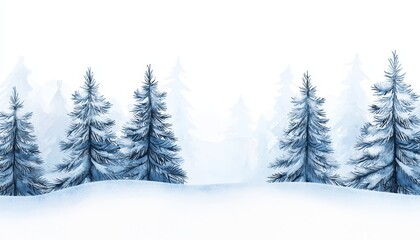 Obraz premium Winter Pine Forest Scene, A serene pine forest covered in snow, with soft watercolor shades