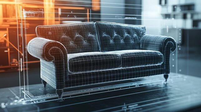 graphics of a beautiful designer couch buing in the process of being built inside a computer screen