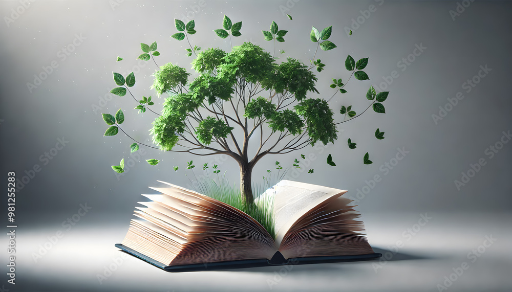 Poster tree growing from an open book conceptual art