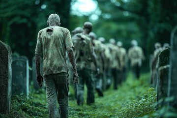 Fototapeta premium A group of zombies, dressed in dirty, tattered clothing, walk through a cemetery with tombstones visible. The scene is eerie and ominous, creating a horror atmosphere.