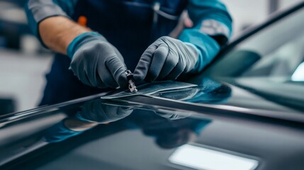 Technician replacing a car windshield, using advanced equipment to secure the new glass and ensure a perfect fit