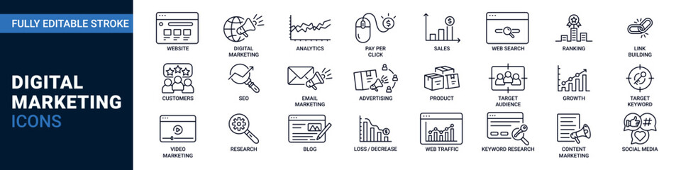 Digital marketing editable stroke icon set. Included seo, social media, sales and marketing vector symbol.