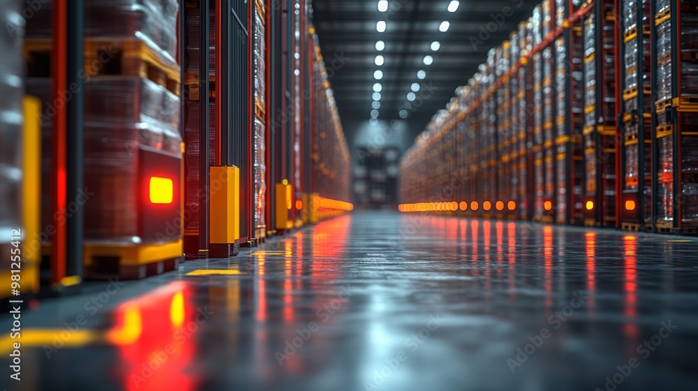 Poster robotic picking warehouse with automated systems in action during daylight hours