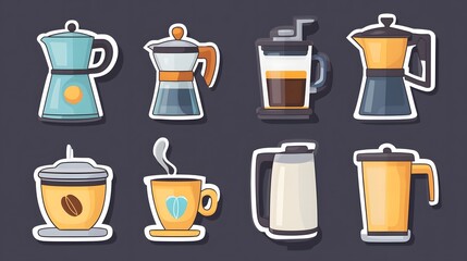 Fototapeta premium Sticker vector image of a coffee maker, with various types and styles of coffee brewing equipment on a brown background. Vector illustration, in a cartoon style for stickers or label design