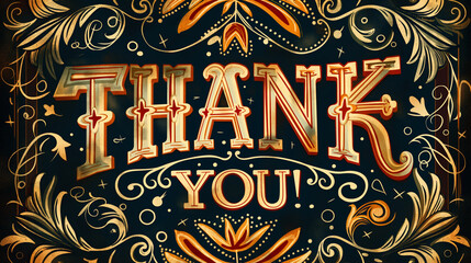 Decorative Thank You lettering typography in vintage retro style with ornate floral elements and patterns