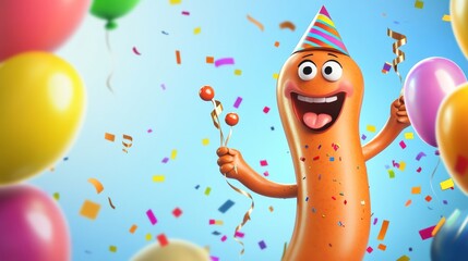 Personaje de salchicha animado con sombrero de fiesta y globos, celebrando entre confeti y colores brillantes en una ilustración divertida.