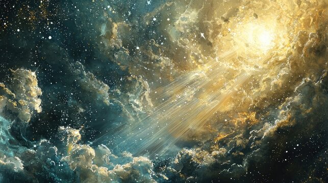 Illustration of a drawing of Day 1 of creation from the Bible, showing the moment God created light. The scene should depict a cosmic setting