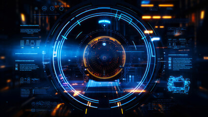 Futuristic digital interface with glowing circular elements data visuals and holographic displays in blue and orange tones