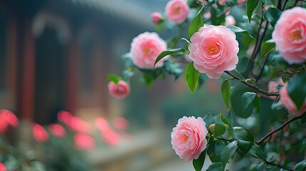 in the ancient building courtyard, so many delicate camellias, it's a beautiful view., the picture is really photo., the petals are clearly visible, high image quality, high definition