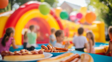 Fototapeta premium Platos con salchichas servidos en una fiesta infantil al aire libre, con niños jugando alrededor de un castillo inflable en un ambiente colorido y festivo.