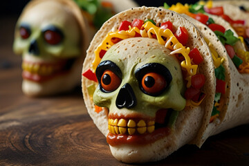 Halloween themed Taco design with spooky skull face, october foods