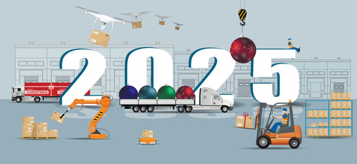 Logistics center. Delivery of New Year's goods in the New Year 2025.