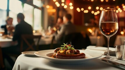 Fototapeta premium Plato elegante de salchichas servido en un restaurante con un ambiente cálido y luces suaves, acompañado de una copa de vino blanco, creando un ambiente sofisticado.