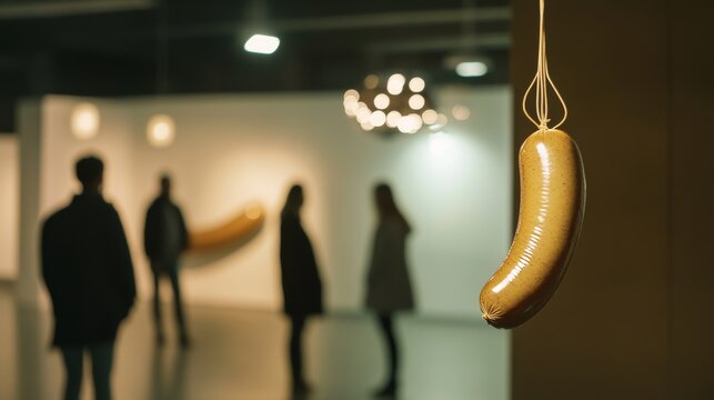Una salchicha colgando en una galer&iacute;a de arte contempor&aacute;neo, creando una escena inusual y art&iacute;stica, mientras las personas observan la exposici&oacute;n.